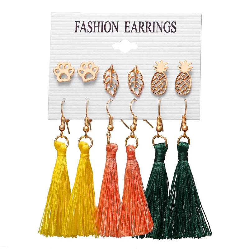 17KM 30 Boho Tassel Earrings Bohemian Long Earrings Set for Women Brincos Geometric Fabric Drop Earring Female Fashion Jewelry