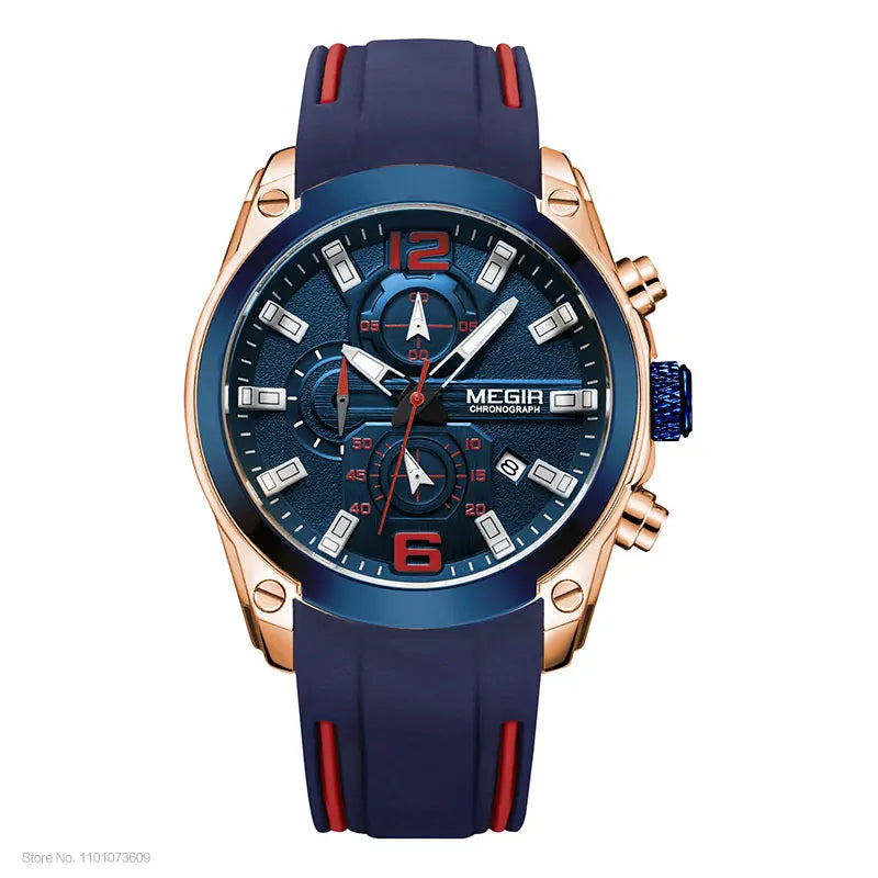 Megir Men's Chronograph Analog Quartz Watch With Date, Luminous Hands, Waterproof Silicone Rubber Strap Wristswatch for Man