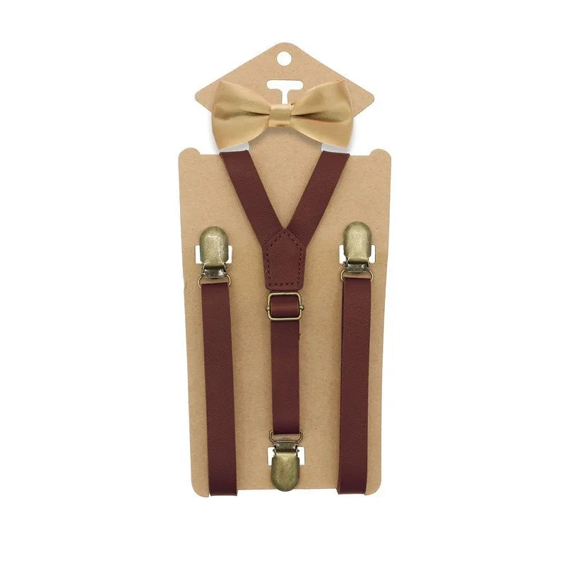3 Clips Y Back Kid Brown Tan Leather Suspender and Bow Tie Ring Bearer Bowtie Set Birthday Outfit 80*1.5cm Adjustable