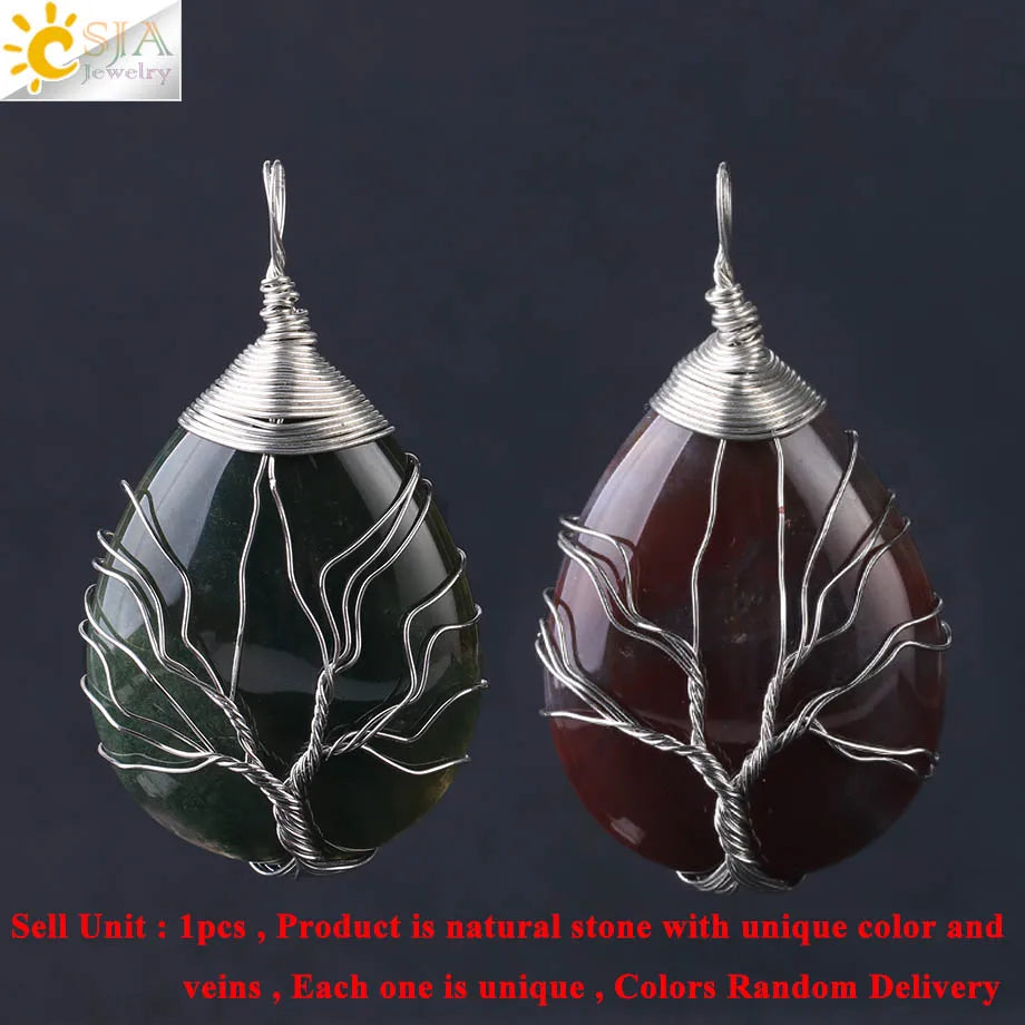 CSJA Natural Stone Pink Quartz Necklace & Pendant Silver-Color Tree of Life Wire Wrapped Water Drop Shape for Women Jewelry F122