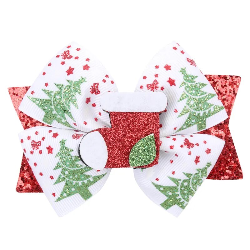 Christmas Hair Bows Clips Sparkly Santa Claus Xmas Socks Hairpins Headwear Christmas Tree Printing Ribbon Hair Clip for Girls