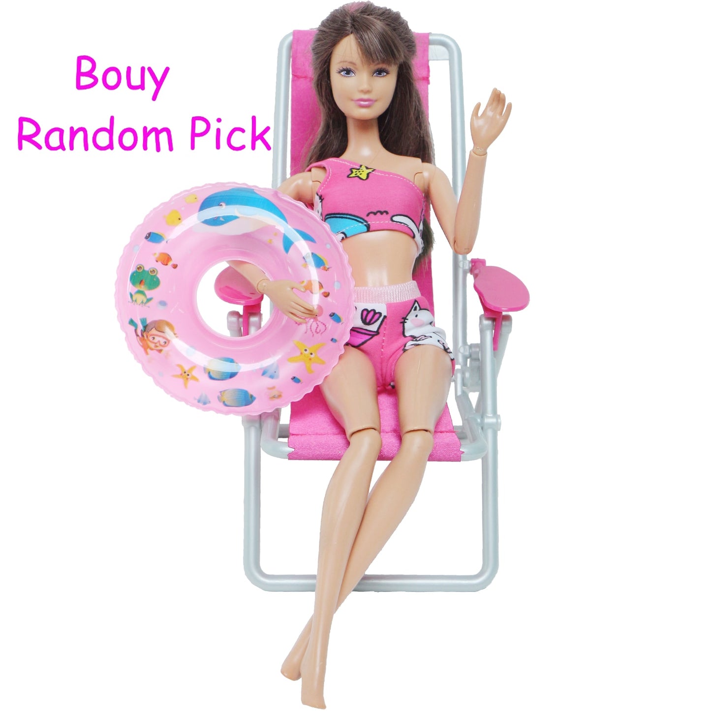 3 Pcs/Lot = 1x Swimsuit Bikini + 1x Random Swimming Buoy Lifebelt Ring +1x Pink Foldable Beach Chair Accessories for Barbie Doll