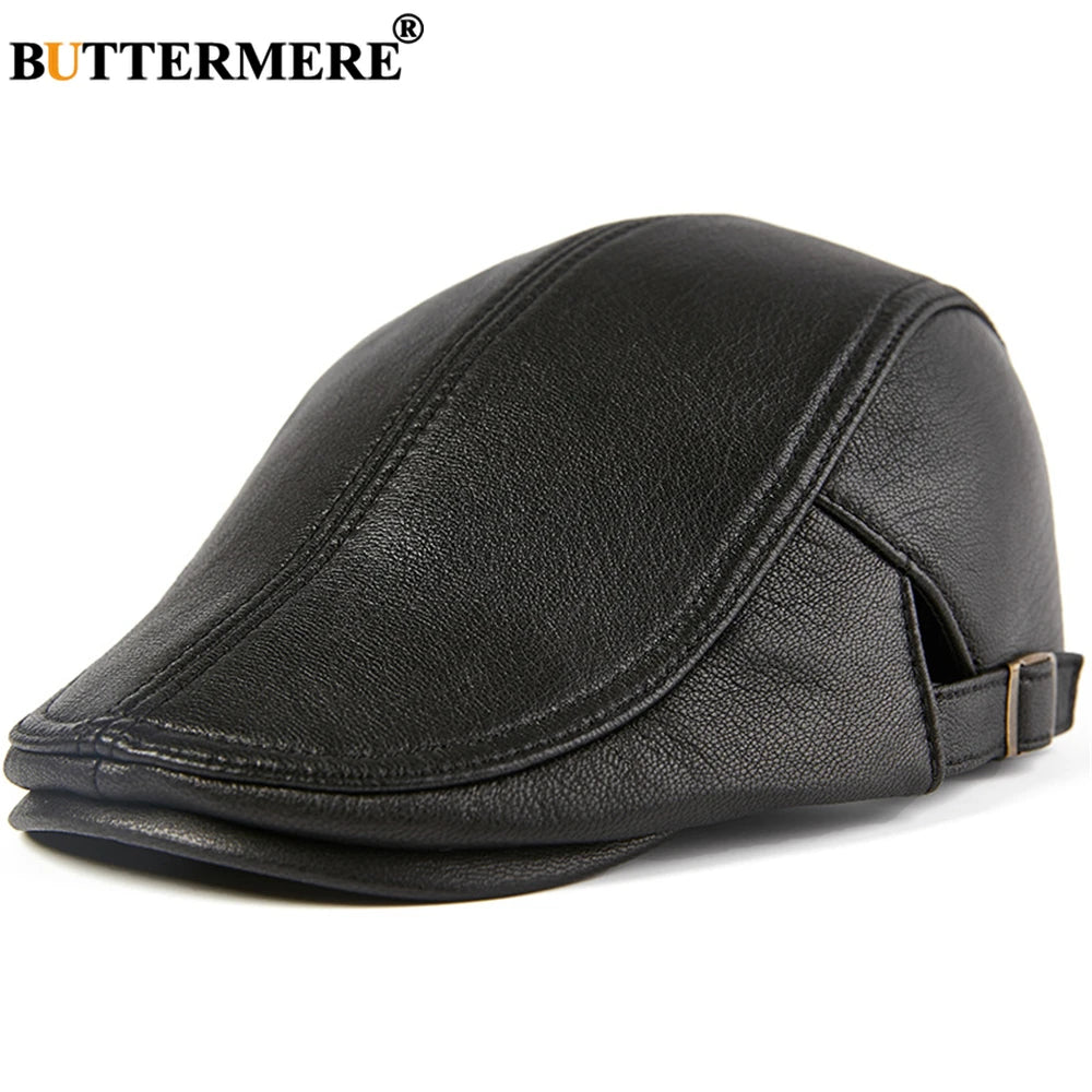 BUTTERMERE Men Beret Hat Real Leather Flat Cap Sheepskin Autumn Winter Male Brown Adjustable High Quality Gatsby Mens Beret Caps