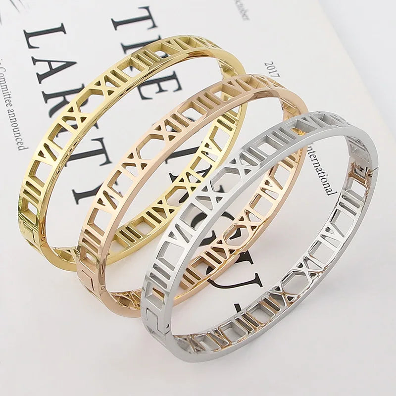 Delicate Hollow Roman Numeral Bracelets & Bangles Titanium Steel Bangle Fine Jewelry for Women Vacuum Plating Bangle