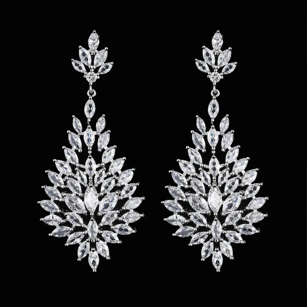 LXOEN Marquise Cut Flower Zirconia Crystal Long Drop Earrings for Women Shiny Leaf CZ Stone Bridal Wedding Jewelry