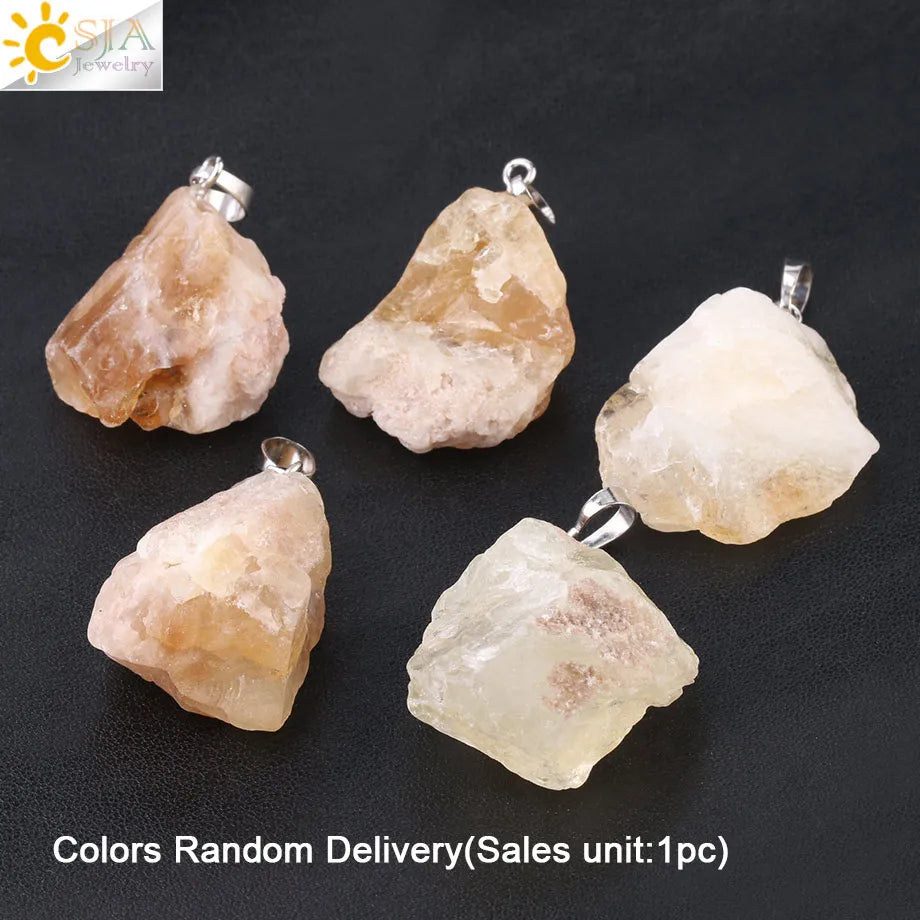 CSJA Natural Stones Gems Clear Crystal Pendants Necklaces Reiki Healing Irregular White Yellow Purple Pink Quartz Pendulum F070