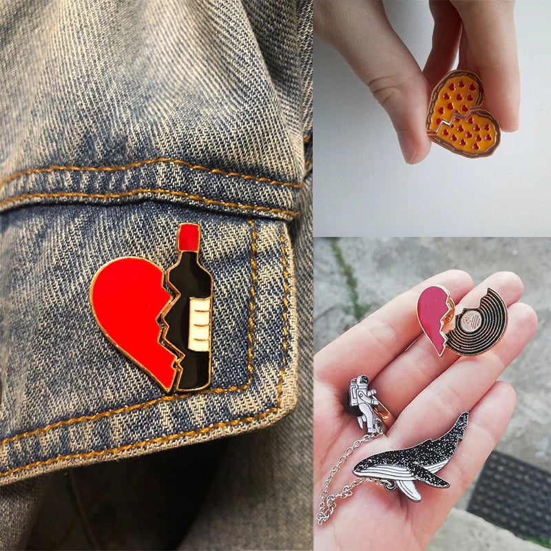 2pcs/Set Creative Brocken Heart Wine Bottle Earth Cup Pizza Enamel Pins BEST BUDS/BOOS Brooch Collar Pin Badges Corsage Jewelry