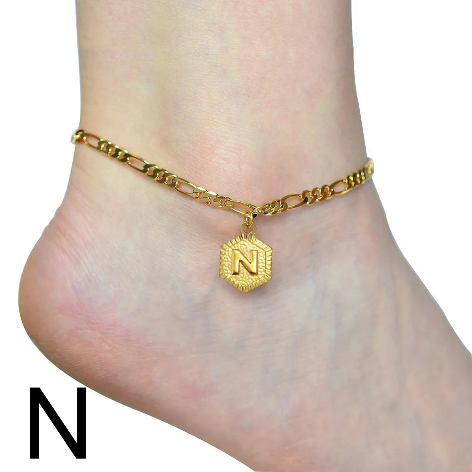 Anniyo 21cm + 10cm Extender Chain / A-Z Initial Letter Anklet for Women Alphabet Jewelry Foot Chain Girl #105906