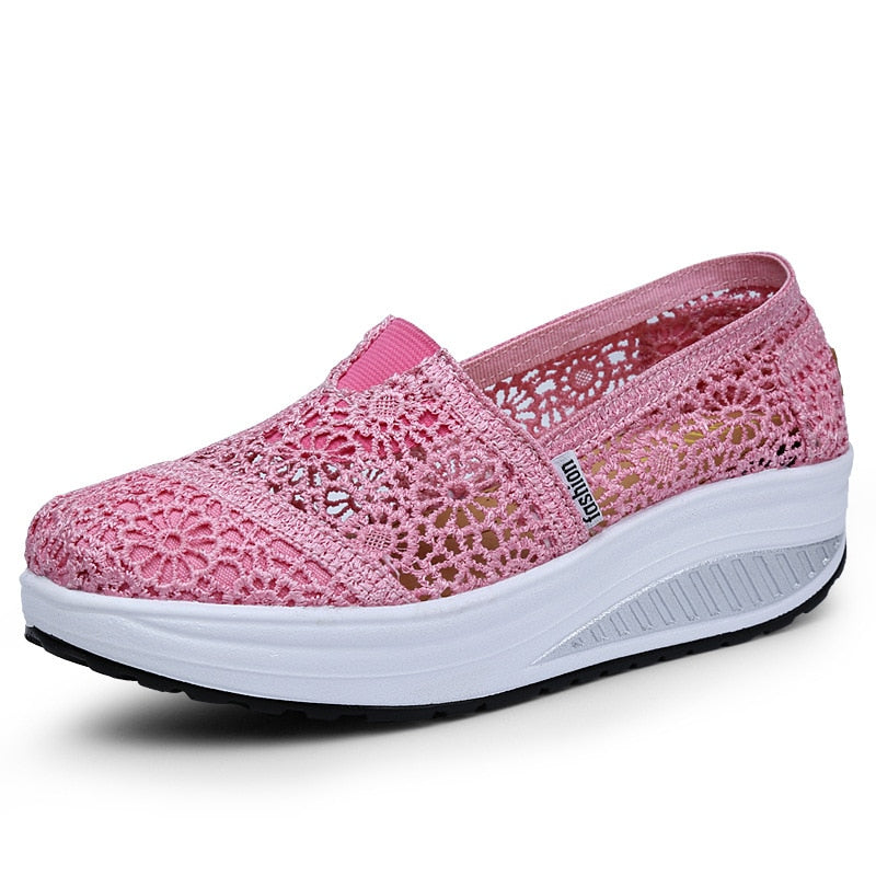 Women Toning Shoes Lace Breathable Swing Shoes Platforms Slip on Casual Shoes Female Slimming Wedge Sneakers