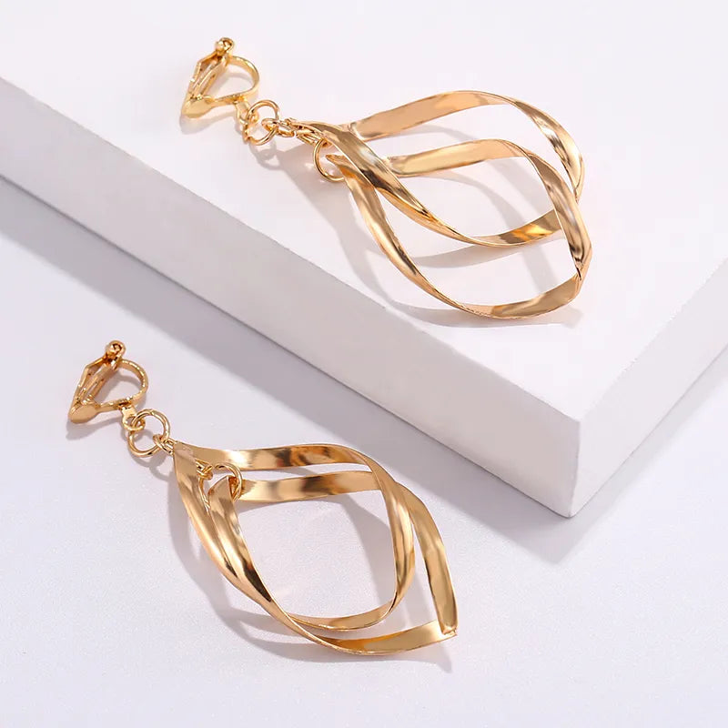 Simple Fashion Gold Color Silver Plated Geometric Big Round Clip Earrings for Women Fashion Big Hollow Ear Clip Jewelry