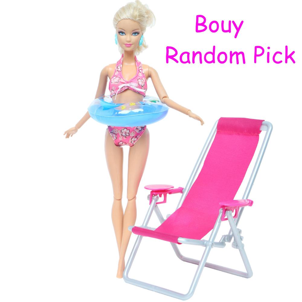 3 Pcs/Lot = 1x Swimsuit Bikini + 1x Random Swimming Buoy Lifebelt Ring +1x Pink Foldable Beach Chair Accessories for Barbie Doll