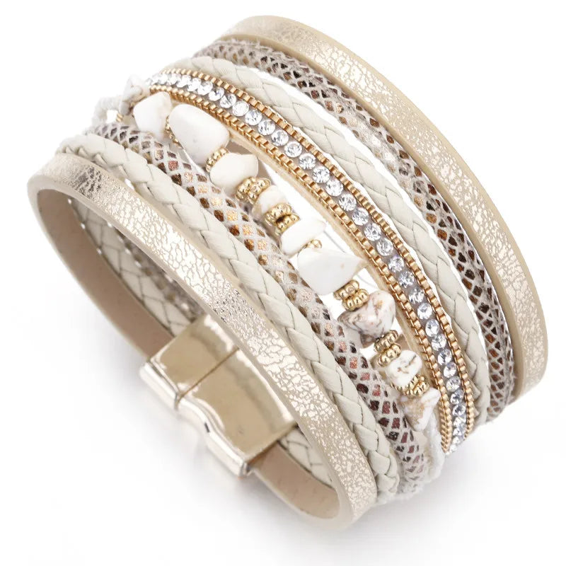 ALLYES Natural Stone Leather Bracelets for Women Luxury Brand Femme Boho Style Wide Multilayer Wrap Bracelet Female Jewelry
