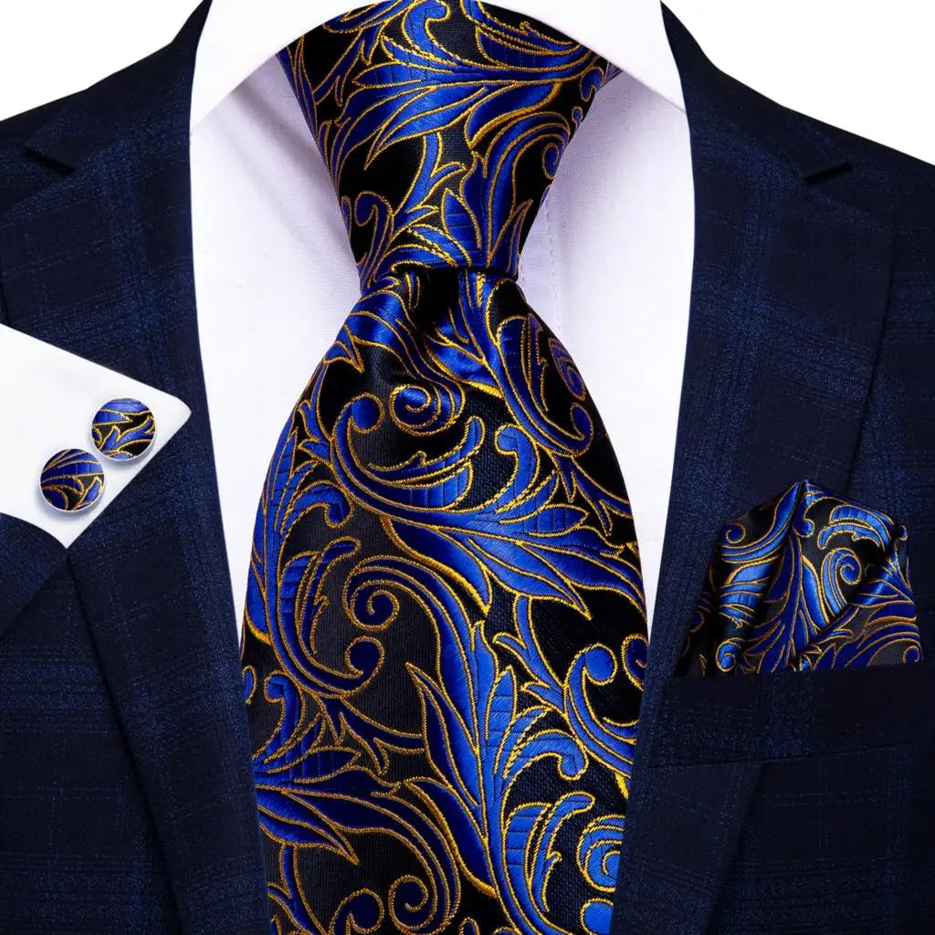 Business Tie for Men Silk Blue Tie Dots Necktie Set Plaid Cufflinks for Wedding Business Tie 150cm Hi-Tie SN-3529