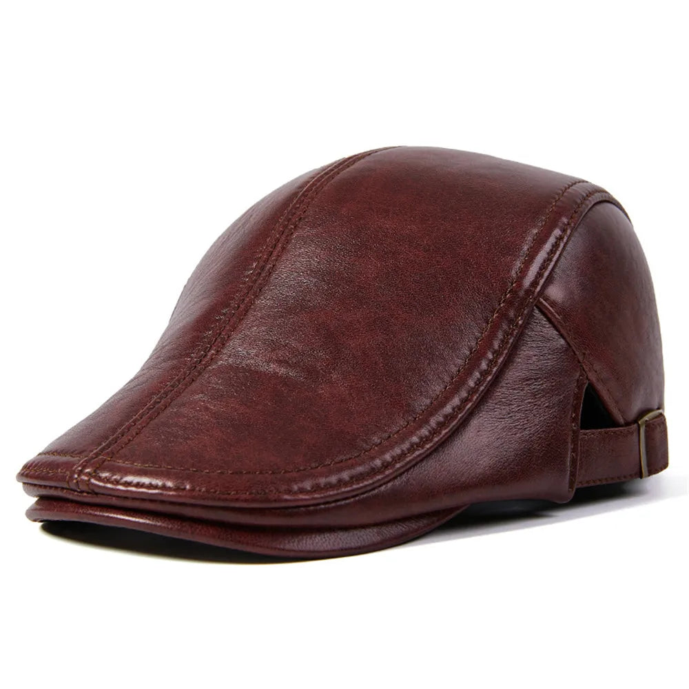 BUTTERMERE Men Beret Hat Real Leather Flat Cap Sheepskin Autumn Winter Male Brown Adjustable High Quality Gatsby Mens Beret Caps