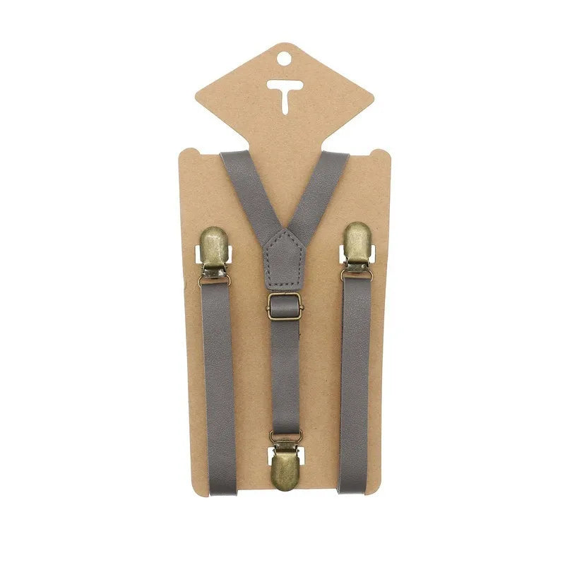 3 Clips Y Back Kid Brown Tan Leather Suspender and Bow Tie Ring Bearer Bowtie Set Birthday Outfit 80*1.5cm Adjustable