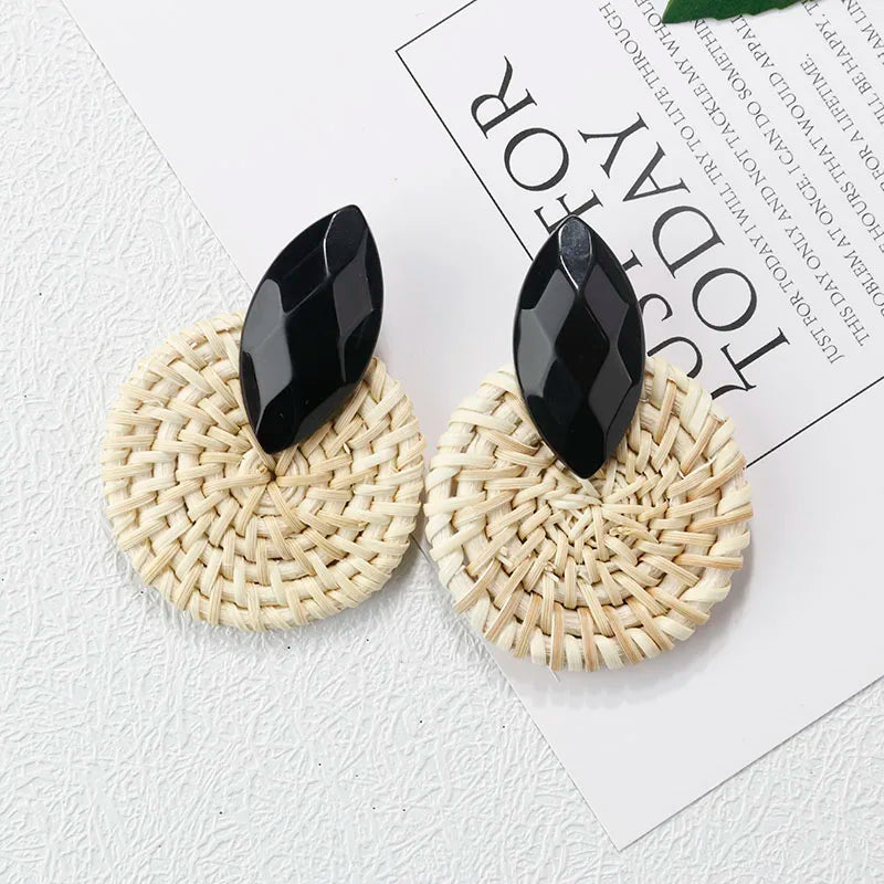 AENSOA Multiple 27 Style Korea Handmade Wooden Straw Weave Rattan Vine Braid Drop Earrings New Geometric Long Earrings