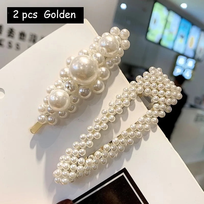Korean Simulated Pearl Barrettes Beaded Geometric Women Hair Clip Hairgrips Hair Accessories Girls Jewelry Hair Pins