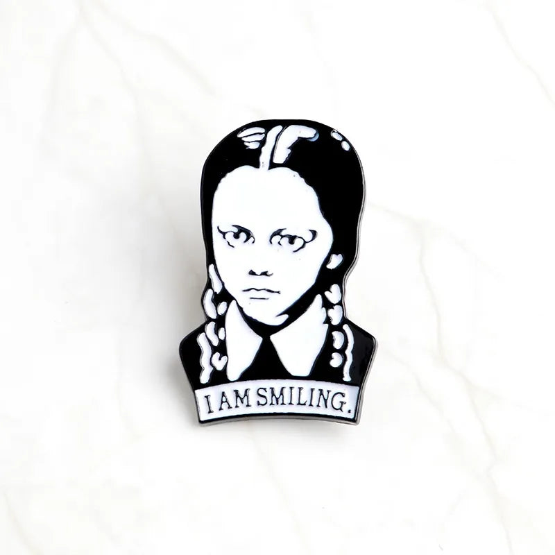 Adams Family Brooch I Am Smiling Wednesday Enamel Pin Hard Lapel Pins Figure Girl Broche Jewelry Accessories Punk Fun