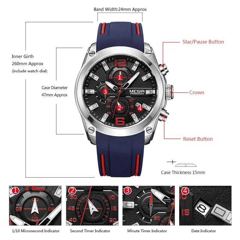 Megir Men's Chronograph Analog Quartz Watch With Date, Luminous Hands, Waterproof Silicone Rubber Strap Wristswatch for Man
