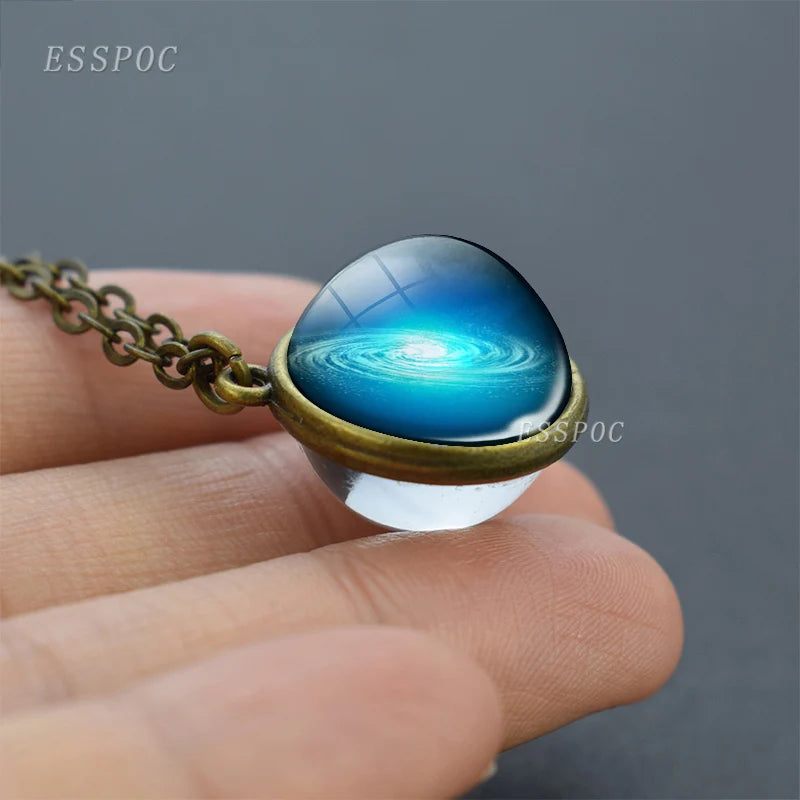 Full Moon Sphere Crystal Ball Glass Necklace Handmade Double Side Glass Ball Pendant Solar System Outer Space Astronomy Jewelry