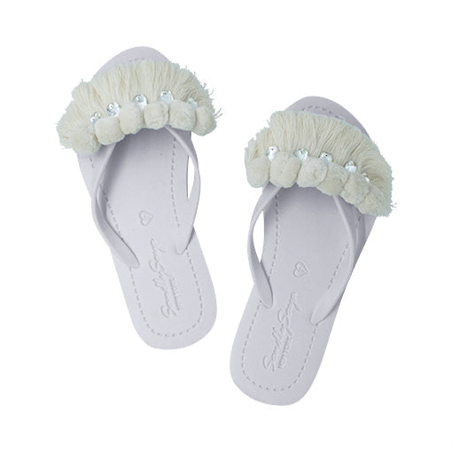 White Pom Pom Fringe - Embellished Flat Flip Flops Sandal