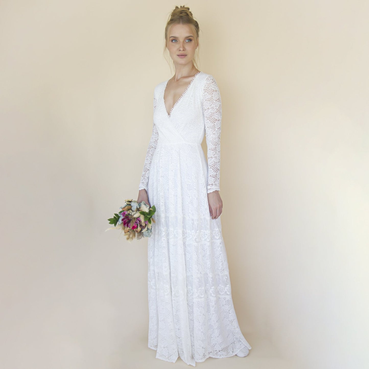 Bohemian Lace Wedding Dress Wrap Neckline With Fringes #1363