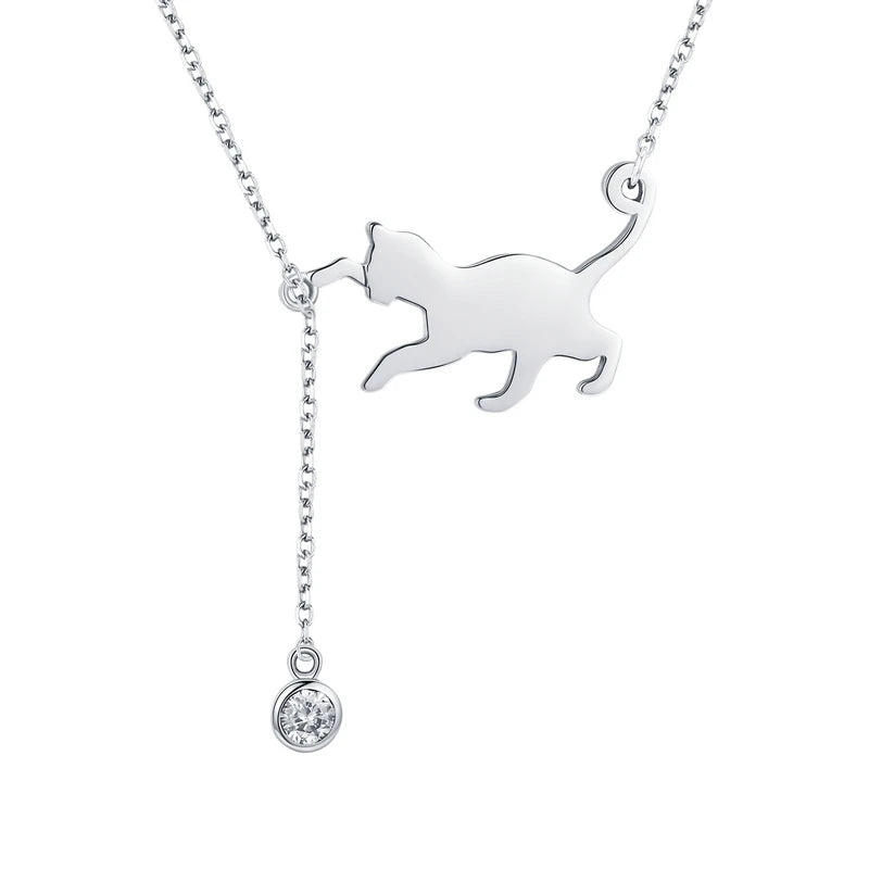 BAMOER S925 Sterling Silver Cat Necklace Cute Silver Cat Pendant Collarbone Necklace for Women SCN232 3 Colors