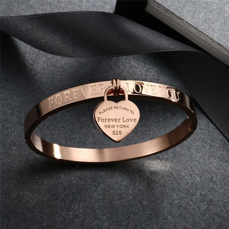 Trendy Lover Cuff Bracelets Bangles for Woman Rose Gold Color Stainless Steel Bracelet With Heart Pendant Luxury Jewelry