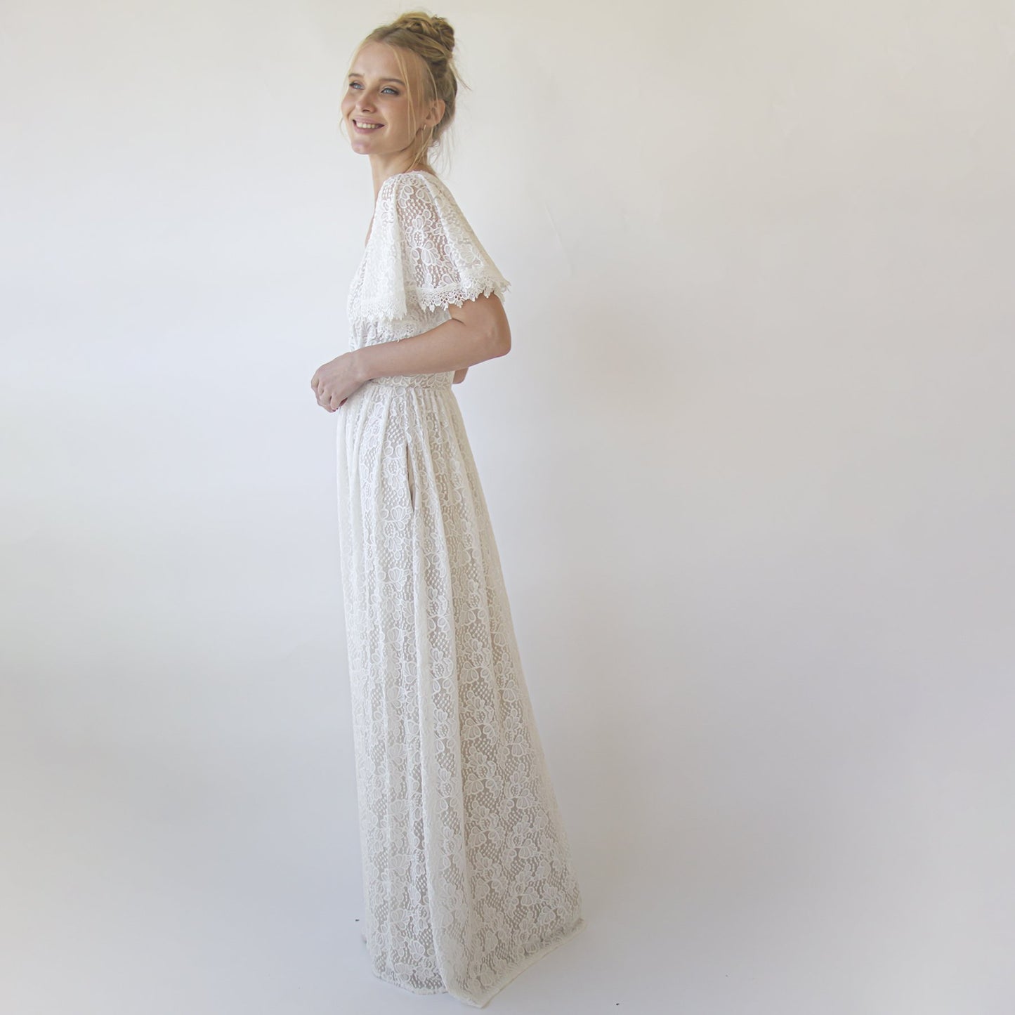 Ivory Pearl Lace Bohemian Wedding Dress With Pockets #1345