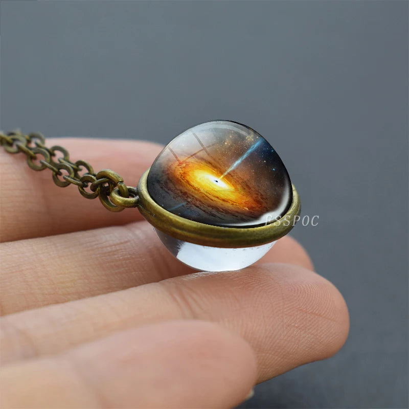 2019 New Glass Ball Galaxy Double Sided Pendant Necklace Universe Planet Jewelry Glass Picture Handmade Statement Necklace