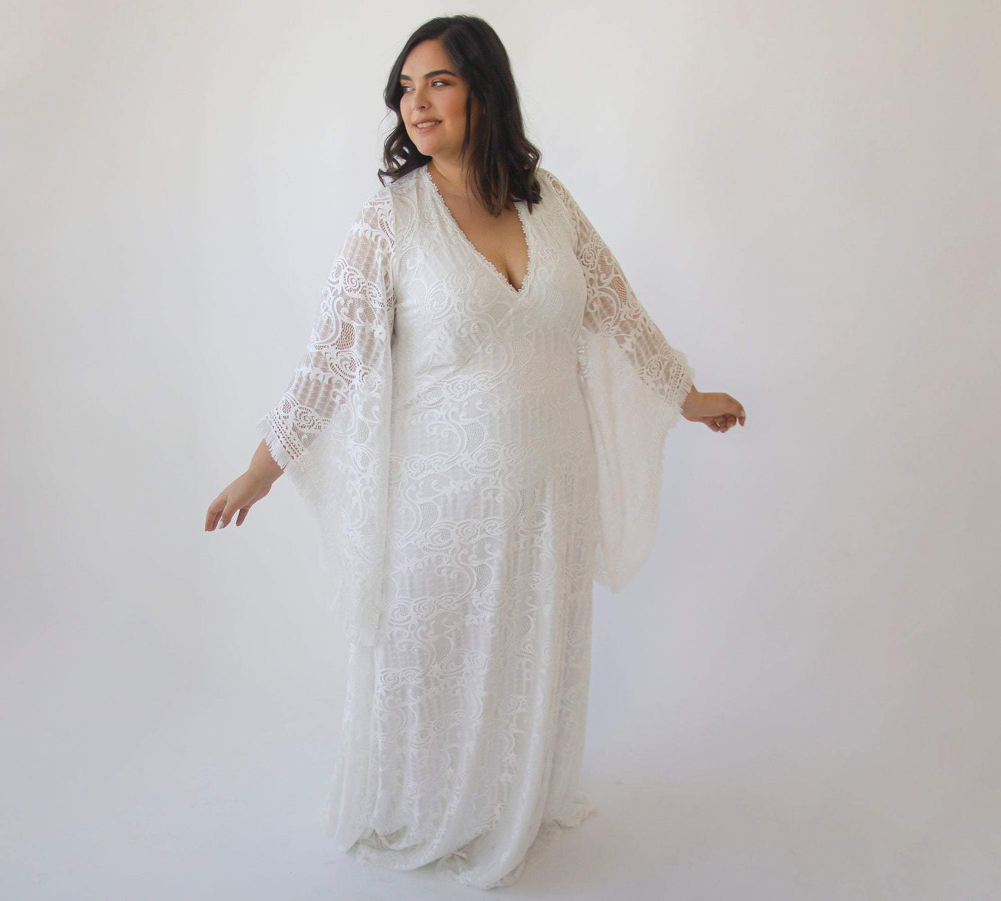 Curvy Lace Ivory Bridal Kaftan With Fringe ,Bat Sleeves Lace Wedding Dress #1328