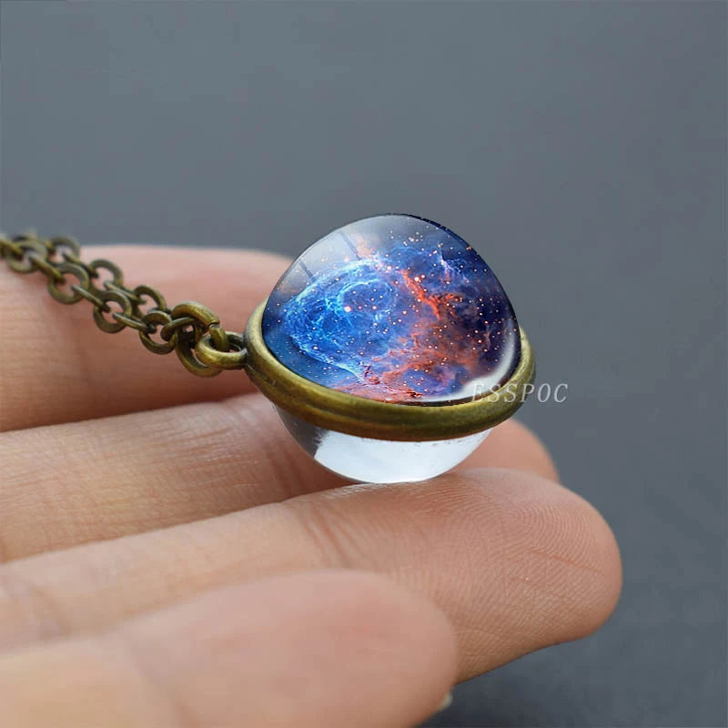 2019 New Glass Ball Galaxy Double Sided Pendant Necklace Universe Planet Jewelry Glass Picture Handmade Statement Necklace