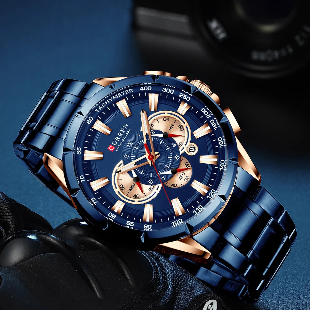 CURREN Luxury Casual Mens Watches Quartz Sports Chronograph Wristwatch Male Stainless Steel Luminous Hands Clock