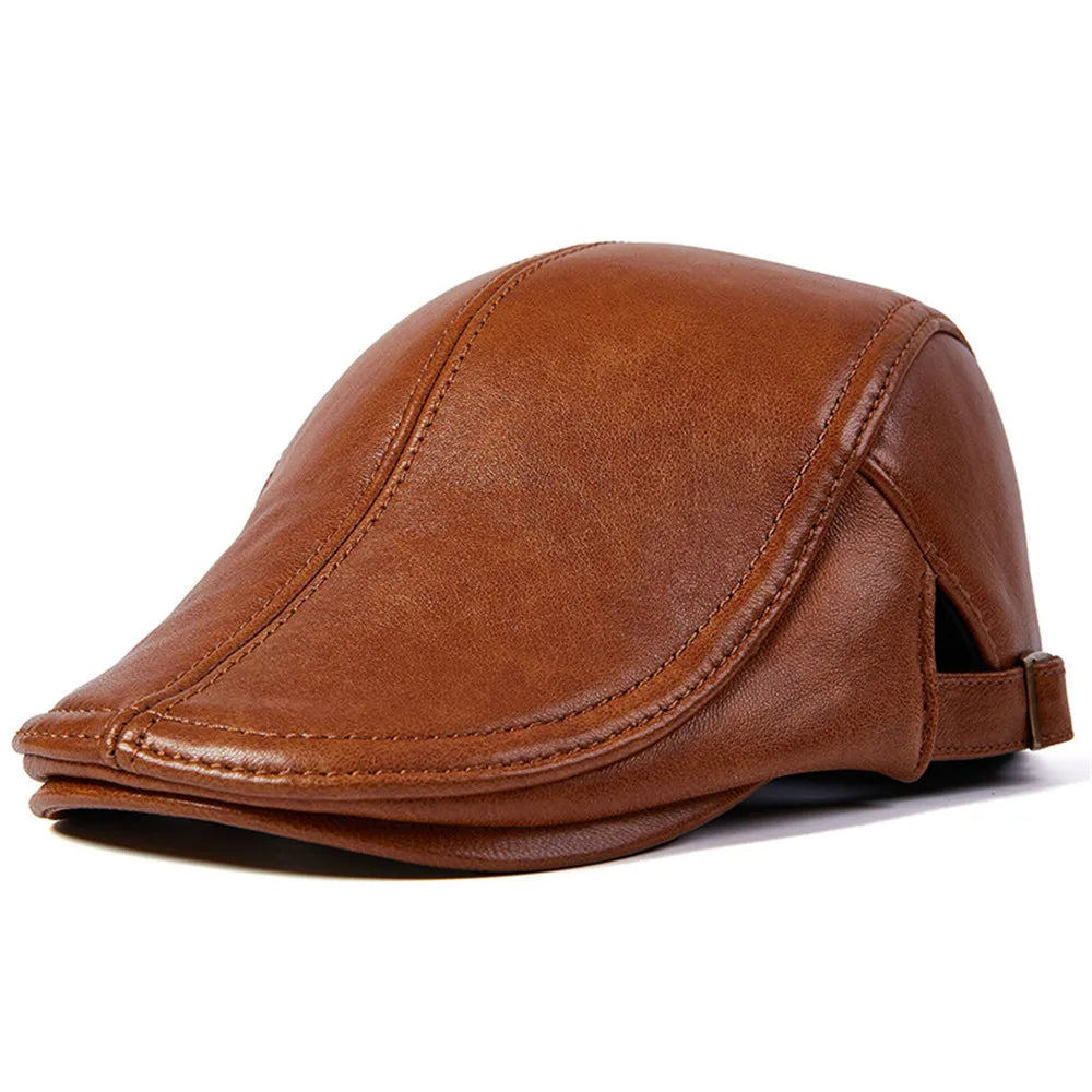 BUTTERMERE Men Beret Hat Real Leather Flat Cap Sheepskin Autumn Winter Male Brown Adjustable High Quality Gatsby Mens Beret Caps