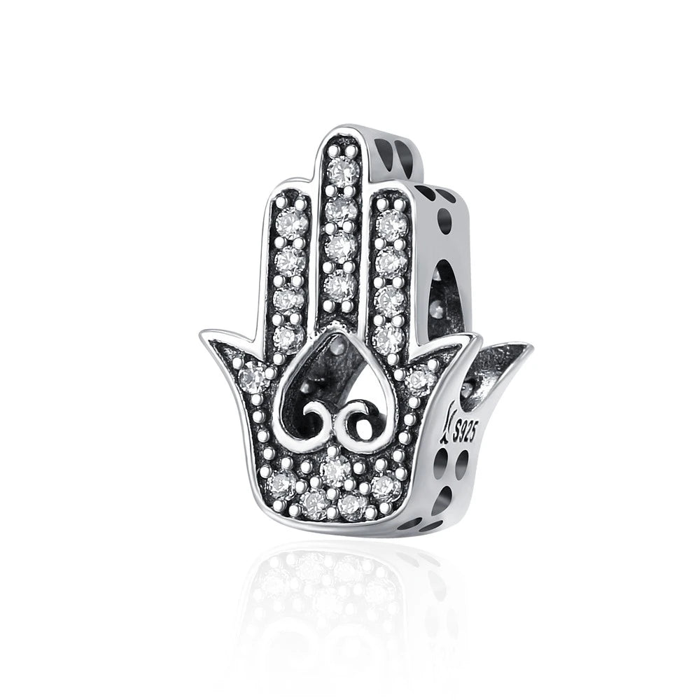 BISAER 925 Sterling Silver Vintage Blue Demon Eye Charm Bead Hand of Fatima Pendant Fit Woman Original Bracelet Fine DIY Jewelry