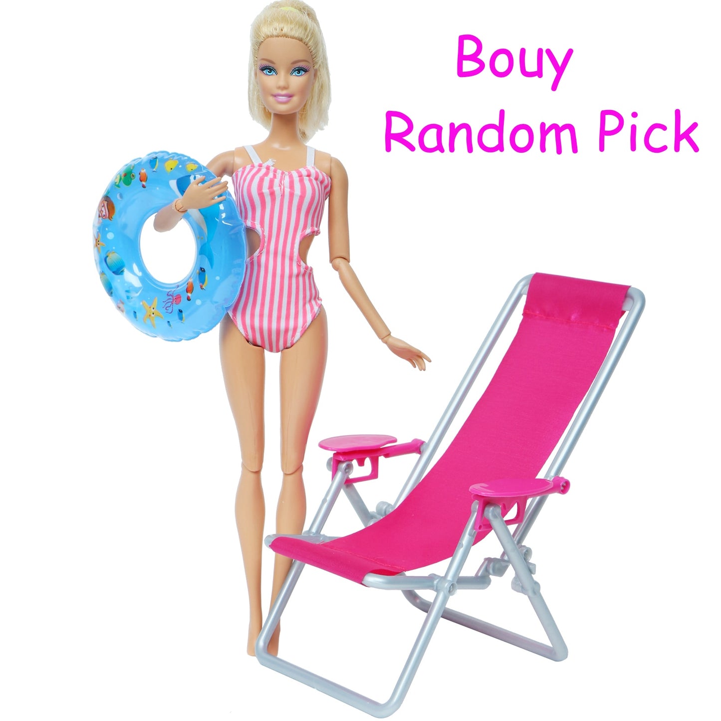 3 Pcs/Lot = 1x Swimsuit Bikini + 1x Random Swimming Buoy Lifebelt Ring +1x Pink Foldable Beach Chair Accessories for Barbie Doll