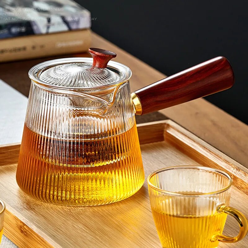 YMEEI Glass Teapot With Removable Clear Infuser Sandal Wood Handle Stove & Micro