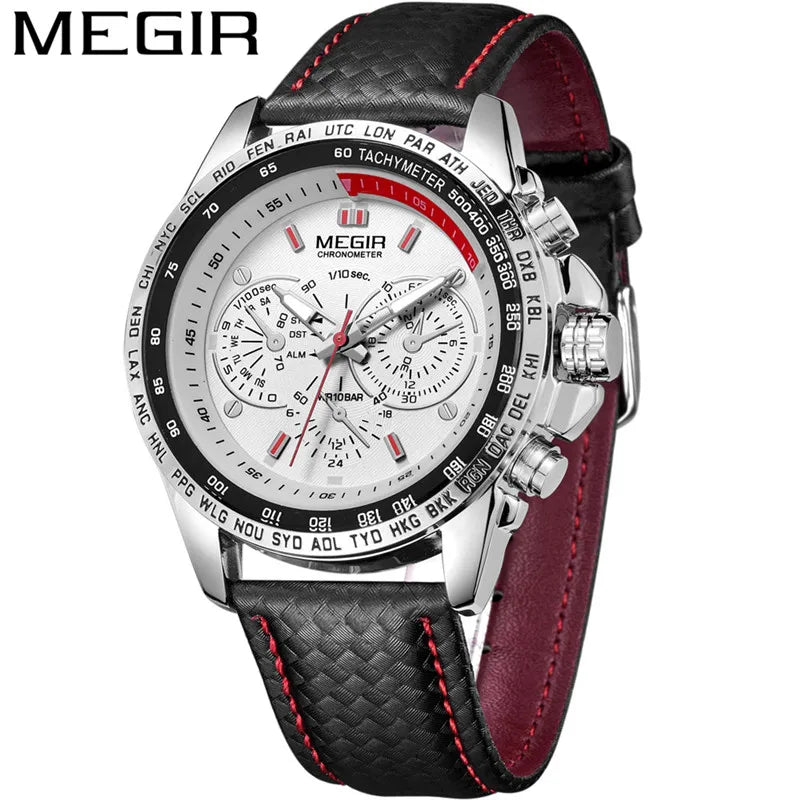 MEGIR Mens Watches Top Luxury Brand Male Clocks Military Army Man Sport Clock Leather Strap Business Quartz Men Wrist Watch 1010