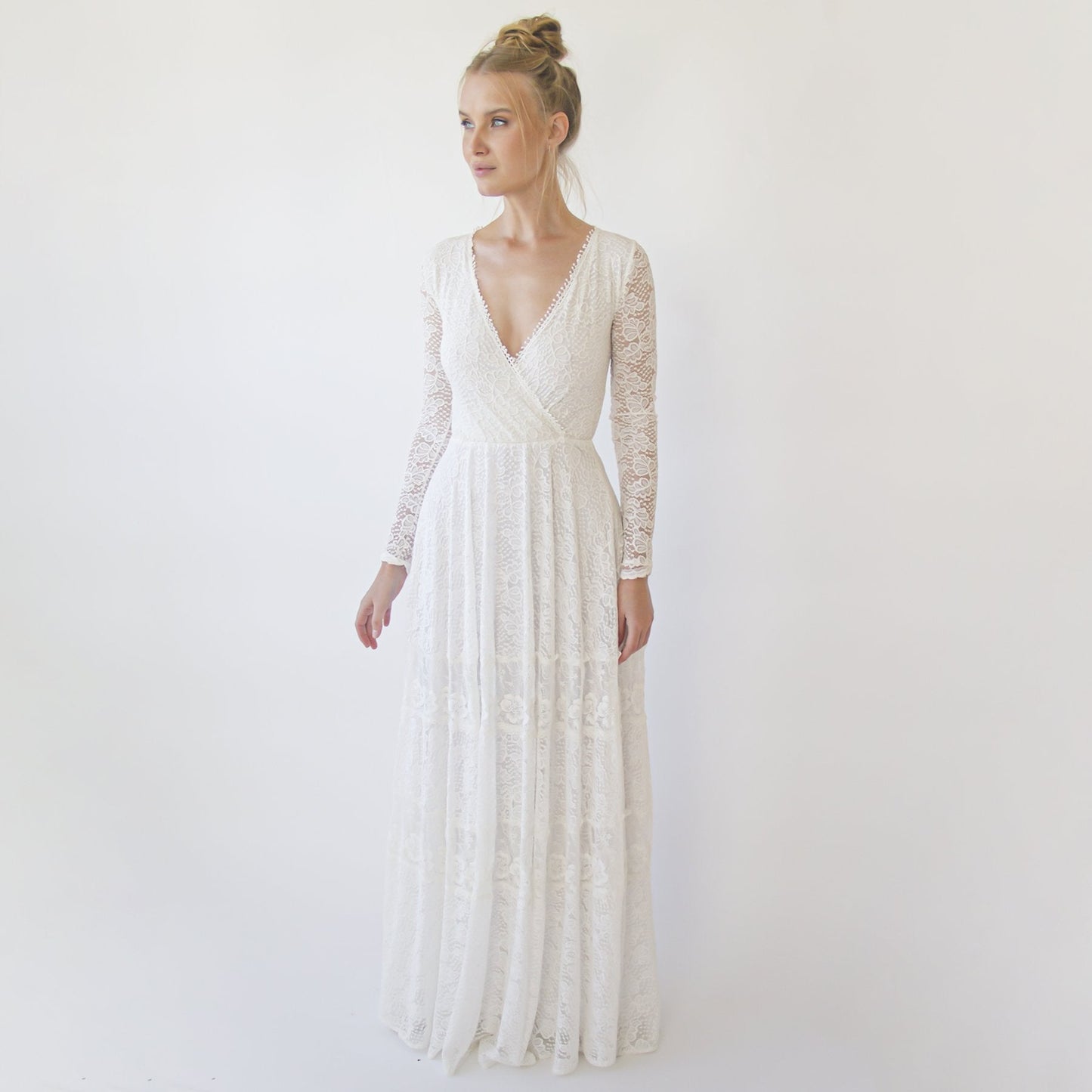 Bohemian Lace Wedding Dress Wrap Neckline With Fringes #1363