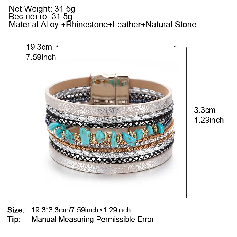 ALLYES Natural Stone Leather Bracelets for Women Luxury Brand Femme Boho Style Wide Multilayer Wrap Bracelet Female Jewelry