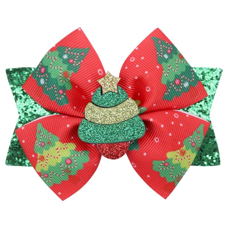 Christmas Hair Bows Clips Sparkly Santa Claus Xmas Socks Hairpins Headwear Christmas Tree Printing Ribbon Hair Clip for Girls