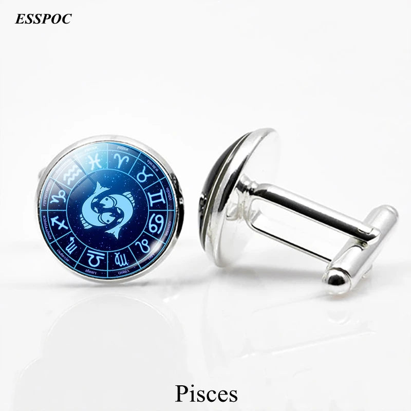 12 Zodiac Signs Glass Cabochon Cufflinks Metal Constellations Cuff Link for Men Shirt Accessories Valentines Day