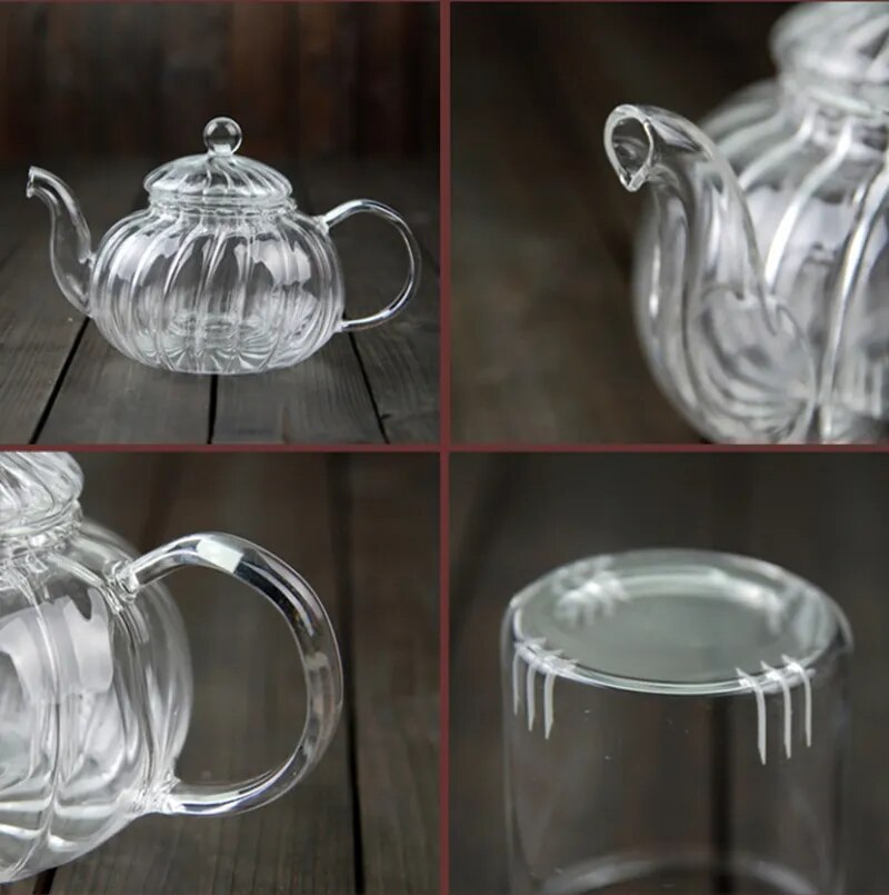 Heat Resistant Glass Pot 600ml Striped Pumpkin Shape Flower Teapot Glass Teapot