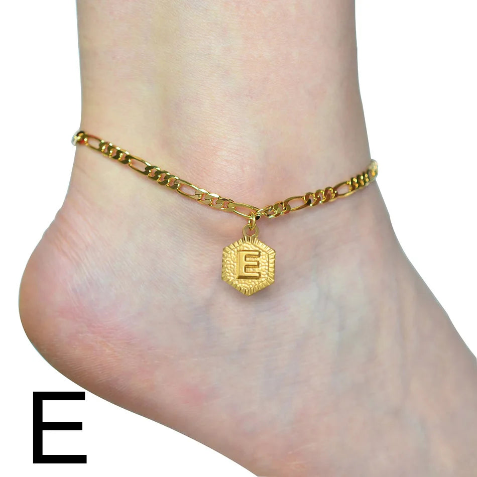 Anniyo 21cm + 10cm Extender Chain / A-Z Initial Letter Anklet for Women Alphabet Jewelry Foot Chain Girl #105906