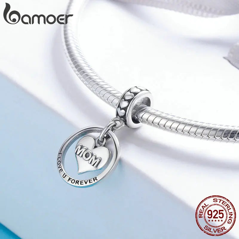 BAMOER 925 Sterling Silver I Love U Forever Mom Mother Engrave Beads Fit Charm Bracelets & Bangles Jewelry Mother