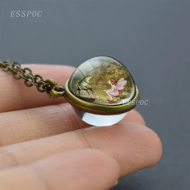 Vintage Double Sided Glass Ball Necklace Hadas Goticas Angel on Moon Art Photo Fairy Tale Pendant Women Jewelry