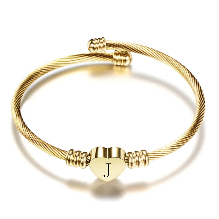 Girls Gold Color Stainless Steel Heart Bracelet Bangle With Letter Initial Alphabet Charms Bracelets for Women