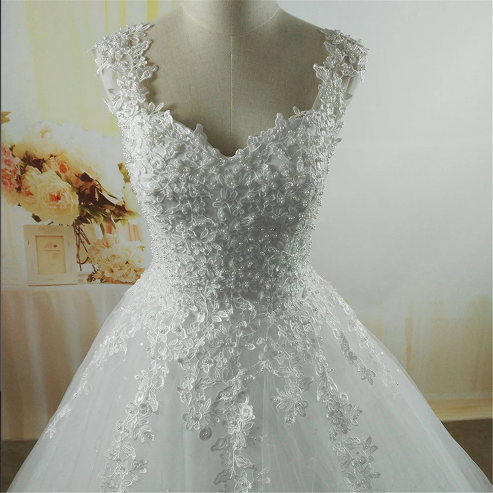 ZJ9076-C 2023 White Ivory Pearls Wedding Dresses With Lace Bottom for Brides Dress Plus Size 2-26w