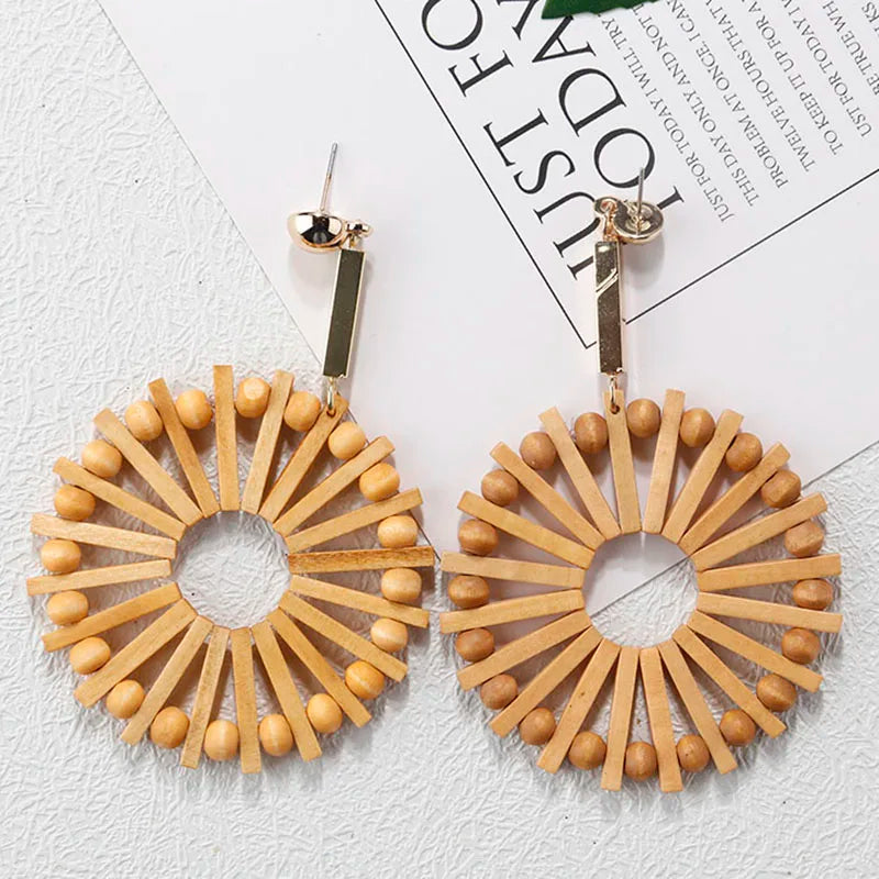 AENSOA Multiple 27 Style Korea Handmade Wooden Straw Weave Rattan Vine Braid Drop Earrings New Geometric Long Earrings