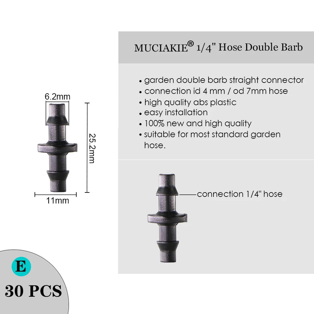 MUCIAKIE Sprinkler Irrigation 1/4 Inch Barb Tee Single Double Barb Barbed Water Pipe Connectors for 4/7mm Hose Garden Fitting